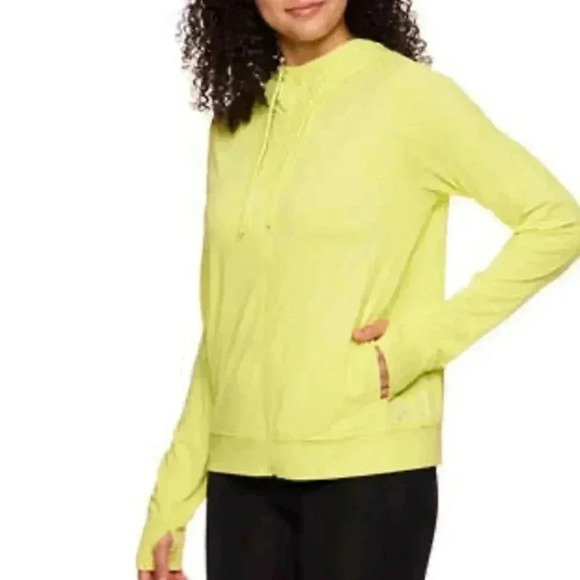 ❤️ Head Hoodie Cool Down Lightweight Large Bright Yellow Stretch Zip Active Top - Picture 3 of 15